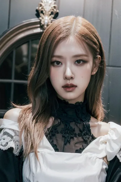 (realistic), (hyperrealism),best quality, masterpiece,ultra high res, (photorealistic:1.4),1girl,(looking at viewer:1.2), <lora:add_detail:0.5>,luxury gothic mansion,
high neck lace gothic dress, earrings, banges, necklace, slim, long wavy hair, (upper body), <lora:makina69_rose_v1.0:1>, blonde