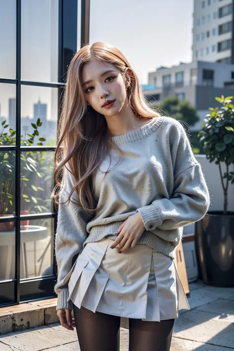 Best quality, masterpiece, ultra high res, raw photo, beautiful and aesthetic,deep shadow, dark theme,(photorealistic:1.4),
(1girl,blonde, long hair, pantyhose, pleated skirt, woolen sweater),makeup, (thin face),