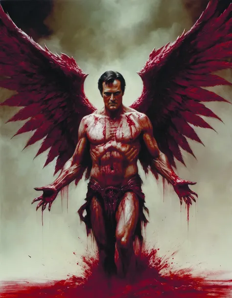 Roberto Ferri detailed of Bruce Campbell as an angel,angel wings,angelic,wrapped,Chiaroscuro,ascending from hell,dramatic octane,red ink details <lora:add-detail-xl:1.6>,by diegocr,Roger Deakins Style <lora:Roger Deakins Style:0.8>,monster <lora:fx-monsters-xl-meatsack:0.7>