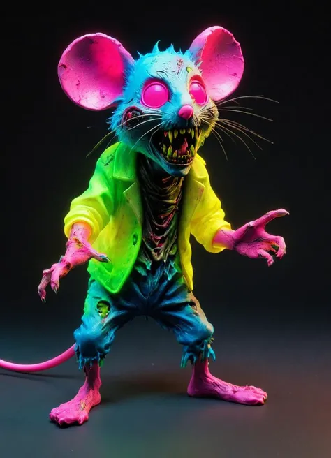 (full body shot:1.1) <lora:- SDXL - creepy_n_freaks_V1.0:0.8> zombie-mouse <lora:fx-monsters-XL:0.4>, Ombre color scheme of neon pink, neon blue, neon yellow, neon green,,, subsurface scattering, Photorealistic, Hyperrealistic, analog style, realistic, film photography, soft lighting, heavy shadow