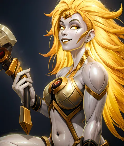 masterpiece, (Realistic:1.4), Highest quality, Beautiful lighting, RAW Photos, 8K Ultra HD,1 girl, colorful,Mom, One girl, alone, Long Hair, smile, Blonde, Upper Body, armor, Shine, Skin of color, White eyes, Grey Skin, Big Hair, No students