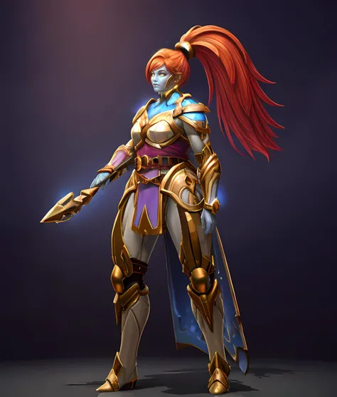masterpiece, (photorealistic:1.4), best quality, beautiful lighting, RAW photo, 8k uhd,1 girl, colorful,mommy, 1girl, solo,weapon, perception, long hair, holding, standing, full body, ponytail, weapon, red hair, boots, alternate costume, belt, holding weapon, armor, glowing, colored skin, staff, shoulder armor, breastplate, blue skin, armored boots, grey skin <lora:mommy:0.6>