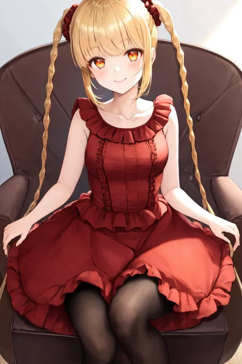 masterpiece, best quality, highres, 1girl karino shuka blonde hair twin braids, red scrunchie collarbone red dress sleeveless frilled dress pantyhose <lora:karino_shuka:1> smile, sitting on chair