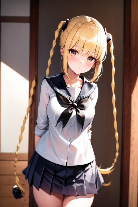masterpiece, best quality, highres, 1girl karino shuka blonde hair twin braids <lora:karino_shuka:1> school uniform, white shirt, serafuku, pleated skirt