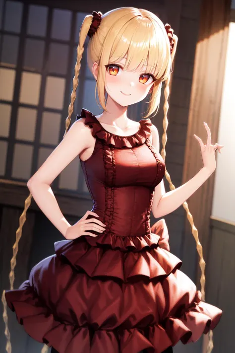 masterpiece, best quality, highres, 1girl karino shuka blonde hair twin braids, red scrunchie collarbone red dress sleeveless frilled dress pantyhose <lora:karino_shuka:1> smile, hand on hip