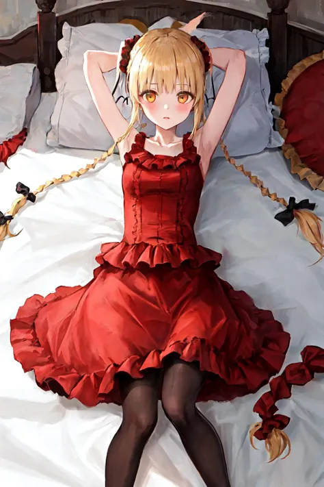 masterpiece, best quality, highres, 1girl karino shuka blonde hair twin braids, red scrunchie collarbone red dress sleeveless frilled dress pantyhose <lora:karino_shuka:1> lying on back, bed sheet, arms up