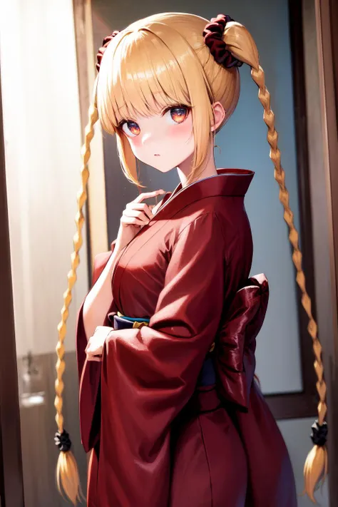 masterpiece, best quality, highres, 1girl karino shuka blonde hair twin braids <lora:karino_shuka:1> red scrunchie (kimono:1.2)