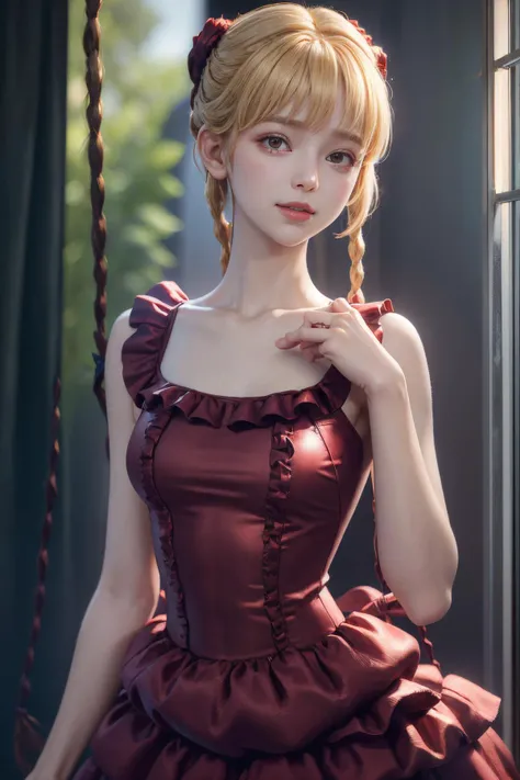 (best quality:1.1), ((realistic:1.4)), (masterpiece:1.2), portrait, pov, (((depth of field))), pale and lustrous skin, (film grain:0.9),(analog film, photography:0.7),chromatic aberration,
1girl karino shuka blonde hair twin braids, red scrunchie collarbone red dress sleeveless frilled dress pantyhose <lora:karino_shuka:1:MIDDS> sweet smile,
<lora:pureInnocentGirl_v10:0.5:CFACE>, Pure_Innocent_girl, pureerosface_v1, (((torso))), pov, (((depth of field))), pale and lustrous skin,<lora:flat2:-1:MIDS> ,