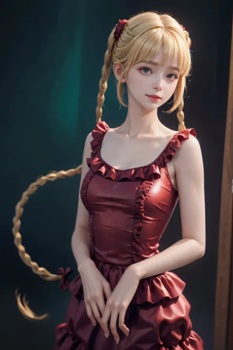 (best quality:1.1), ((realistic:1.4)), (masterpiece:1.2), portrait, pov, (((depth of field))), pale and lustrous skin, (film grain:0.9),(analog film, photography:0.7),chromatic aberration,
1girl karino shuka blonde hair twin braids, red scrunchie collarbone red dress sleeveless frilled dress pantyhose <lora:karino_shuka:1:MIDDS> sweet smile,
<lora:pureInnocentGirl_v10:0.5:CFACE>, Pure_Innocent_girl, pureerosface_v1, (((torso))), pov, (((depth of field))), pale and lustrous skin,<lora:flat2:-1:MIDS> ,