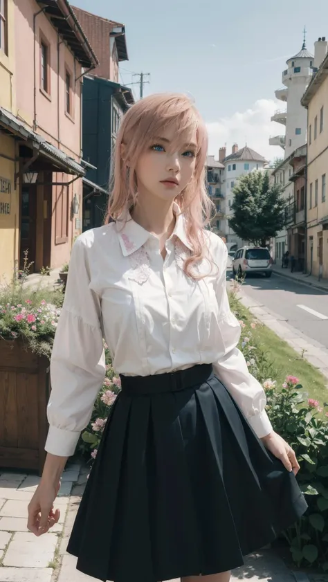 best quality,masterpiece,8k wallpaper,absurdres, highres, ultra detailed, (1 young beautiful girl, solo:1.1), blue eyes,realistic,bangs,long hair, pink hair,  high collar,collared shirt,white shirt,pleated skirt,black skirt,cowboy shot, upper body,outdoors, castle, streets, green plants, flowers,<lora:lighting XVIII_NOFACE:1>
BREAK
