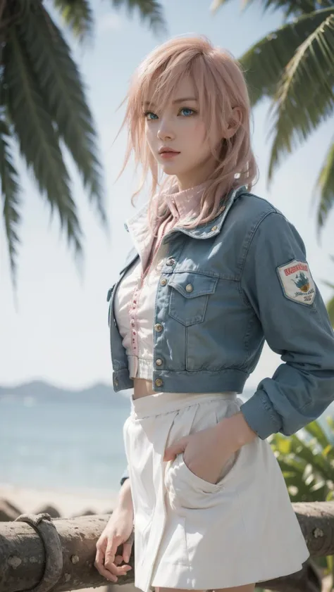 best quality,masterpiece,8k wallpaper,absurdres, highres, ultra detailed, (1 young beautiful girl, solo:1.1), blue eyes,realistic,bangs,long hair, pink hair,  high collar,collared shirt,white shirt,pleated skirt,black skirt,cowboy shot, upper body,miniskirt,letterman jacket,A tropical paradise where the sun shines brightly every day,<lora:lighting XVIII_NOFACE:1>
BREAK