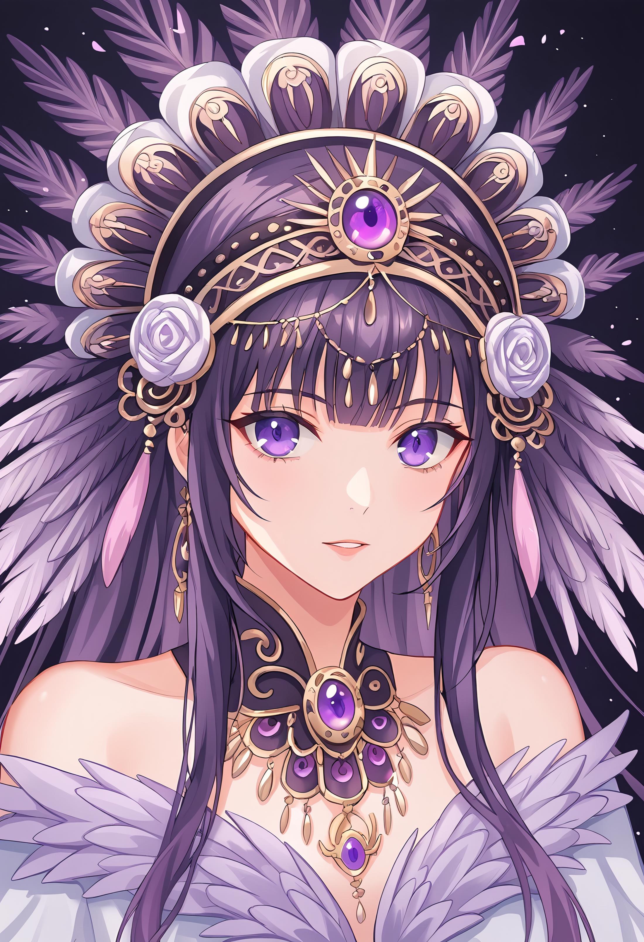 A woman with purple hair wearing a headdress and a purple dress - SeaArt AI