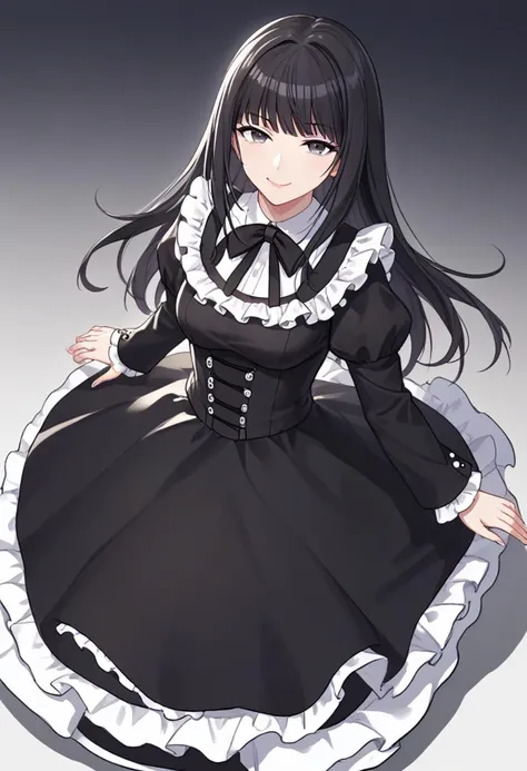 score_9, score_8_up, score_7_up, rating_explicit, source_anime BREAK 1girl, kuchiki touko, long hair, black hair, darkgray eyes, narrowed eyes, smile, idol dress, frilled dress, black dress, standing, looking above, high-angle view <lora:kuchiki_touko_XL-bf16-pony-v1:0.8> <lora:sdxl_lightning_8step_lora:1> <lora:idol_dress-PD-1.0:0.8>