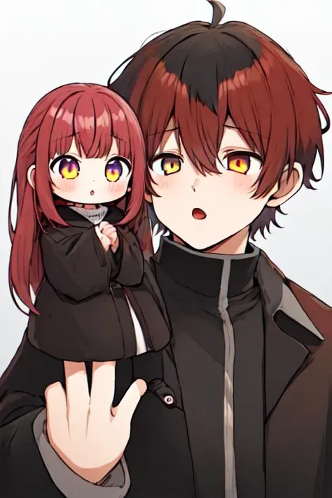 masterpiece, best quality, highres,
1girl fern, black jacket white dress,purple eyes
1boy stark, red jacket open clothes black pants,red eyes,
<lora:stark_fern_3:.7>
a girl and a boy, 2 head body, chibi, giant cracked egg, head is sticking out of  giant egg <lora:hatched egg-001_0.7:1>