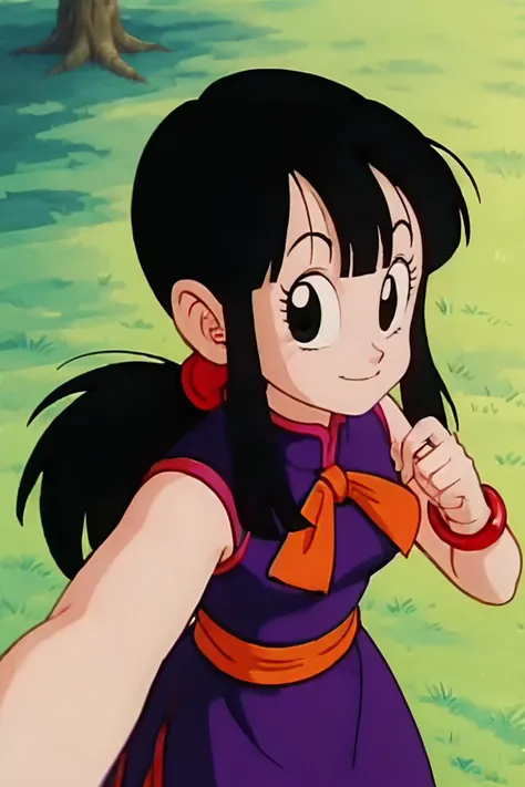 source_anime, score_9, score_8_up, score_7_up, anime screencap,8k, absurdres,
chi-chi, long hair, bangs, black hair, ponytail, sidelocks, blunt bangs, black eyes,
bracelet, purple dress, orange neckerchief, orange sash,,
selfie, from above, tree, grass,
<lora:chichi_pony_v1:0.8>