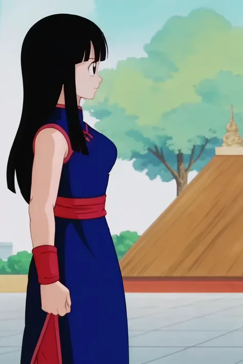 source_anime, score_9, score_8_up, score_7_up, anime screencap,8k, absurdres,
chi-chi, (hair down), 1girl, solo, long hair, breasts, bangs, world martial arts tournament arena, black hair, mountain, bare shoulders, medium breasts, closed mouth, standing, sleeveless, black eyes, from side, profile, sleeveless dress, blue dress, chinese clothes, red wristband, straight hair, web address, arms at sides, red sash, red pants, arm at side, hair down,
<lora:chichi_pony_v1:0.8>