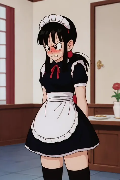 source_anime, score_9, score_8_up, score_7_up, anime screencap,8k, absurdres,
chi-chi, long hair, bangs, black hair, ponytail, sidelocks, blunt bangs, black eyes,
maid headdress, maid, black thighhighs, embarrassed, angry, frustrated,
mansion, indoors,
<lora:chichi_pony_v1:0.8>