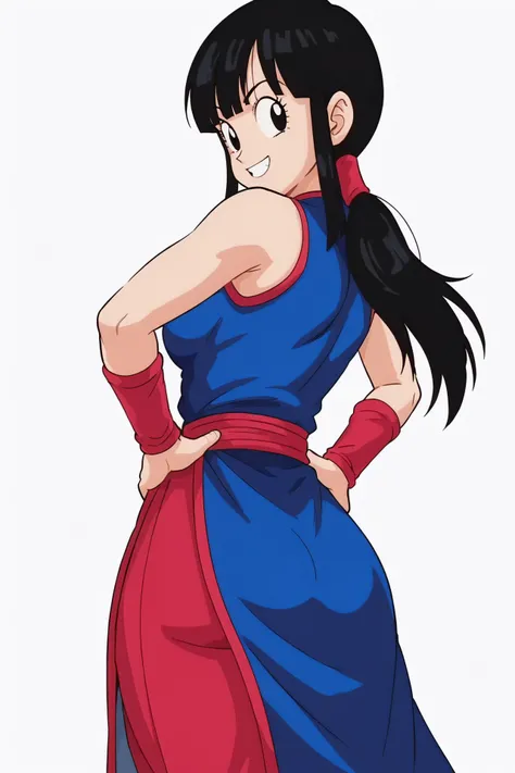 source_anime, score_9, score_8_up, score_7_up, anime screencap,8k, absurdres,
chi-chi, 1girl, solo, long hair, breasts, looking at viewer, smile, bangs, simple background, black hair, white background, blue dress, bare shoulders, medium breasts, ponytail, sidelocks, sleeveless, looking back, red pants, blunt bangs, black eyes, eyelashes, chinese clothes, red wristband, china dress, hands on hips, (from behind)
<lora:chichi_pony_v1:0.8>