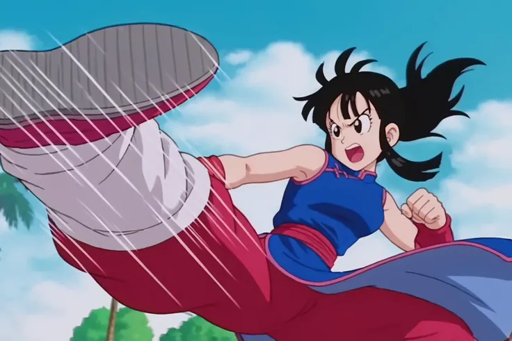 source_anime, score_9, score_8_up, score_7_up, anime screencap,8k, absurdres,
chi-chi, 1girl, solo, open mouth, bangs, black hair, blue dress, ponytail, sidelocks, outdoors, sky, sleeveless, day, red pants, cloud, blunt bangs, black eyes, tree, blue sky, sleeveless dress, chinese clothes, cloudy sky, red wristband, china dress, palm tree, kicking, speed lines, (midair), incoming attack, looking at another, floating clothes, clenched hand, world martial arts tournament arena, shoe soles, red sash, white leg warmers, shoes, floating hair
<lora:chichi_pony_v1:0.8>