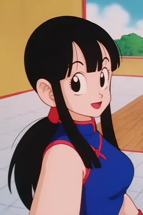 source_anime, score_9, score_8_up, score_7_up, anime screencap,8k, absurdres,
selfie, from above, happy, arm by side,
chi-chi, 1girl, solo, long hair, breasts, looking at viewer, smile, open mouth, bangs, black hair, blue dress, standing, ponytail, :d, sidelocks, outdoors, sky, sleeveless, day, cloud, blunt bangs, black eyes, tree, blue sky, smile, eyelashes, chinese clothes, cloudy sky, red wristband, china dress, red sash,
<lora:chichi_pony_v1:0.8>