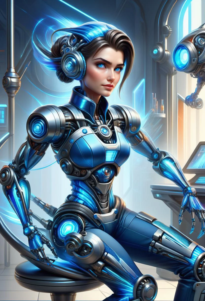 hyper detailed masterpiece, dynamic, awesome quality, DonMFmaXL female dentist, senior, dainty, middle easterner, deep blue eyes, downturned ears, upturned nose, prominent forehead, , brunette updo hairstyle hair, nervousness, relaxed rest, character sits or leans against a surface, looking calm and at ease, wearing quantum energy shorts, digital mesh tapered pants, haptic feedback collar , robotic precision, character strikes a precise, mechanical pose, with rigidly angled limbs and straight posture, glitchy illumination, futuristic cocktails served by android bartenders, steampunk-cyberpunk fusion, <lora:DonMFmaXL-000008:1>