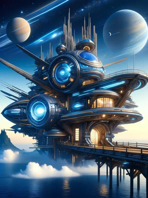 A celestial cruiser docking at a fantasy space station, thatched roofing blending with high-tech machinery, a harmonious fusion of DonMFmaXL craftsmanship <lora:DonMFmaXL:1>, <lora:EnvyBetterHiresFixXL01:0:hr=1>