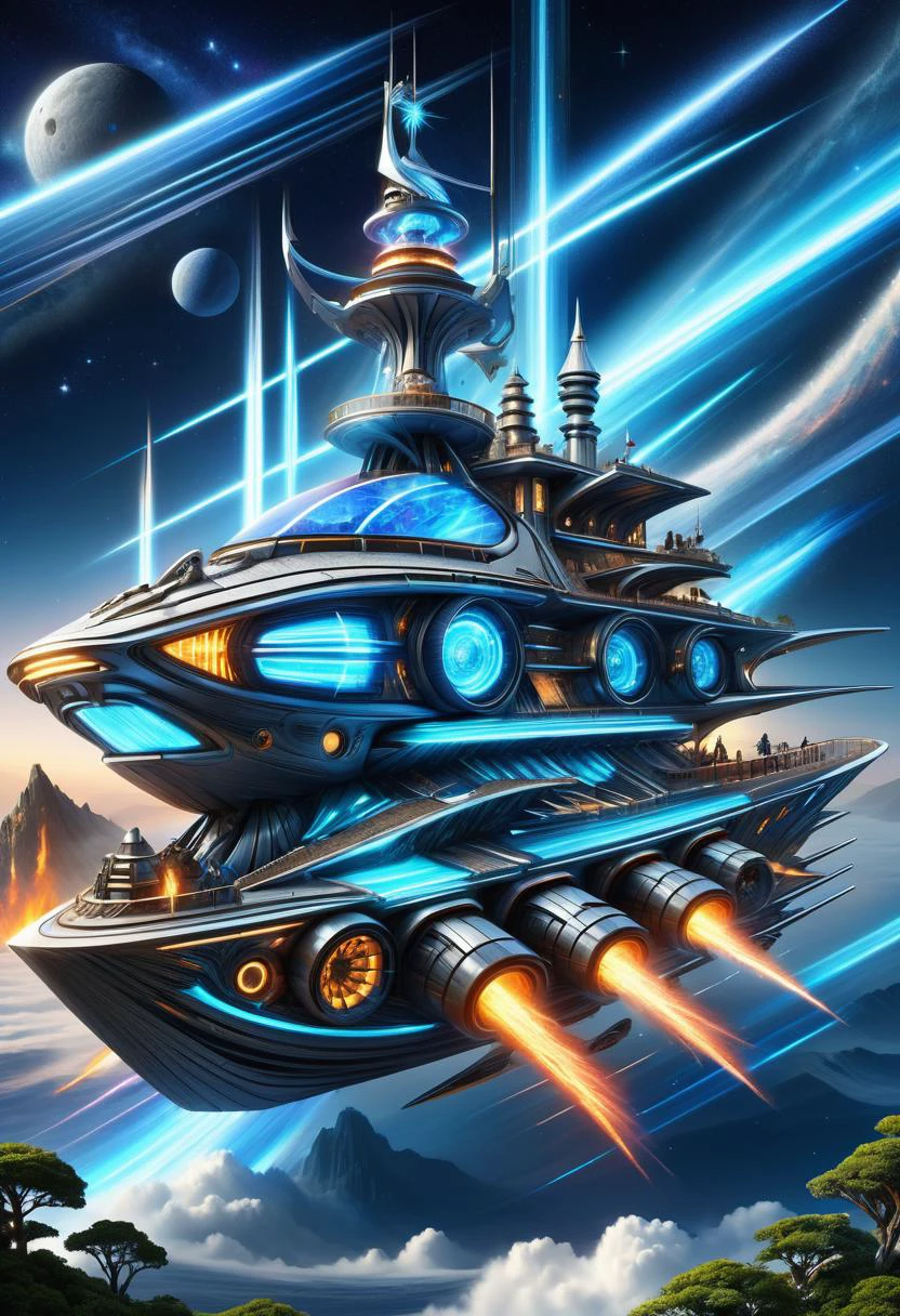 hyper detailed masterpiece, dynamic, awesome quality, DonMFmaXL celestial cruiser control deck, thatch roofing roof,granite,magnetic hoverpads and walkways, halogen floodlights,campfires, wall grazing, <lora:DonMFmaXL-000008:1>