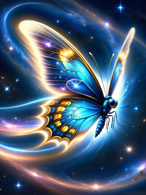 A dazzling butterfly, its wings composed of shimmering quantum circuits, flutters through a nebula, leaving behind a trail of stardust particles. Each beat of its wings ripples the fabric of spacetime, mathematical symbols etched upon the nebula tracing its delicate dance. This ethereal creature embodies the playful wonder of DonMFmaXL. <lora:DonMFmaXL:1>, <lora:EnvyBetterHiresFixXL01:0:hr=1>