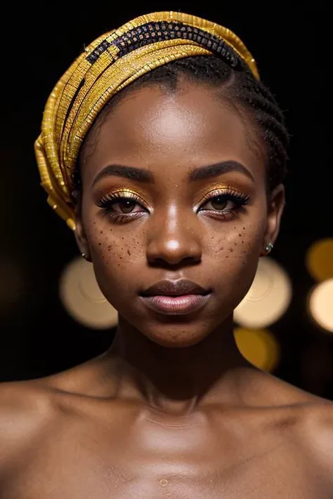 an eye contact of a Ugandan woman, (black skin:1.3), yellow spotlight, dark theme, lonely, Lavish, Matte black eyeshadow with a cut crease, metallic lipstick, golden ratio, Almond-shaped eyes, Freckles, indietronica, soft lighting, bokeh, full body