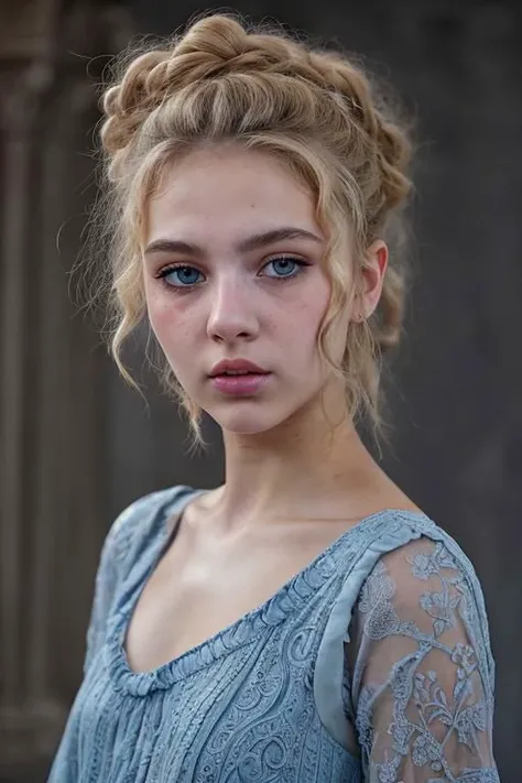 portrait of a feverish blue eyed young greek teen girl, blond messy updo high big messy bun curly bangs, wearing a simple poor crude blue traditional peplos tunic, blaming eyes, pouty mouth, dark smoky room, ancient greek temple, highly detailed skin texture, skin pores, skin fuzz, vellus, intricately detailed, dim light, natural backlighting, refined editorial photography, dramatic LUT