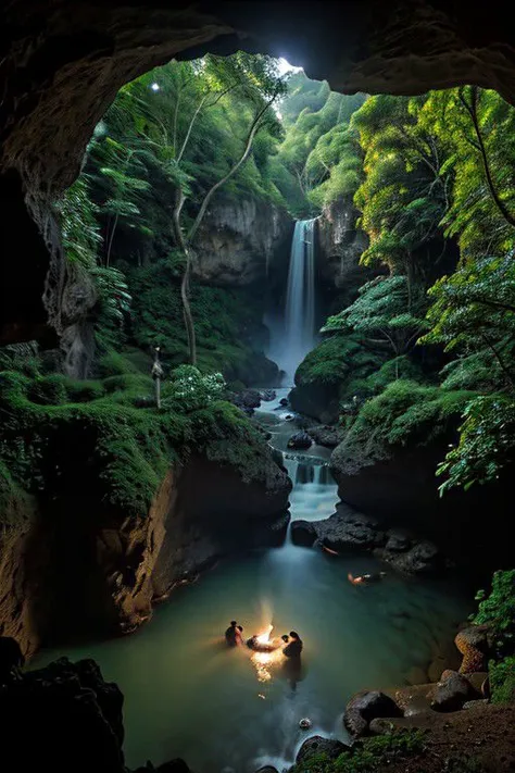 Canon RF85mm f/1.2, masterpiece, excellent quality, very high resolution, cinematic lighting, reflections, HDR, 8K resolution, a group of six people in a cave discussing next to a fire, top view punot, cave behind the waterfall, dim light, night, green jungle visible from behind the waterfall