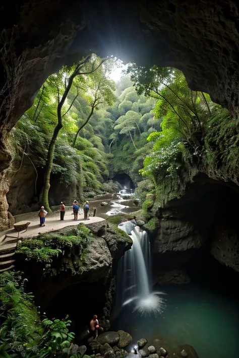 Canon RF85mm f/1.2, masterpiece, excellent quality, very high resolution, cinematic lighting, reflections, HDR, 8K resolution, a group of six people in a cave discussing next to a fire, top view punot, cave behind the waterfall, dim light, night, green jungle visible from behind the waterfall