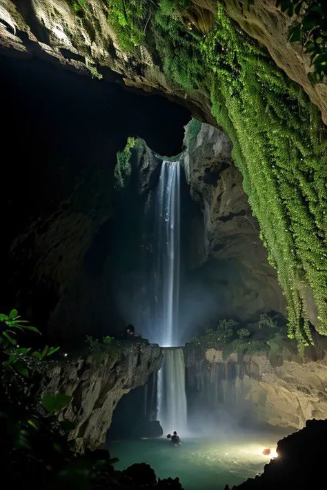 Canon RF85mm f/1.2, masterpiece, excellent quality, very high resolution, cinematic lighting, reflections, HDR, 8K resolution, a group of six people in a cave discussing next to a fire, top view punot, cave behind the waterfall, dim light, night, green jungle visible from behind the waterfall