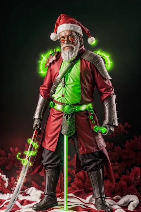 KatanaOneHand <lora:UBWKatanaOneHand:0.8> blade on shoulder, blade right hand, cyber samurai santa with (green glowing eyes:1.25) and santa hat holding a katana, white beard, christmas background