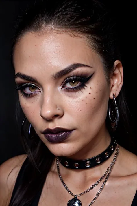 face close up, glamour photography of a random stylish goth girl, edgy vibe, dark, mascara, eyeliner, dark cheeks, Unique facial piercings with ornate jewelry, Round eyes, Dimples, Smoky eye makeup, Defined jawline, skin pores, shiny skin, grainy, harsh flash lighting, sepia tone