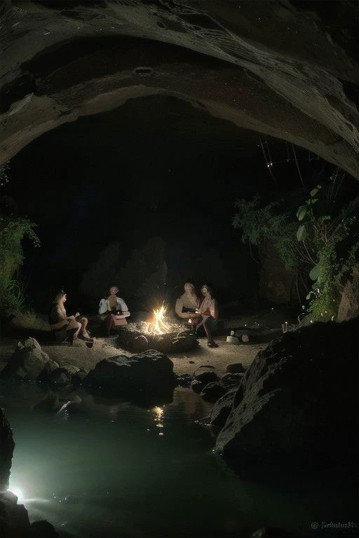 Canon RF85mm f/1.2, masterpiece, excellent quality, very high resolution, cinematic lighting, reflections, HDR, 8K resolution, a group of six people in a cave discussing next to a fire, top view punot, cave behind the waterfall, dim light, night, green jungle visible from behind the waterfall