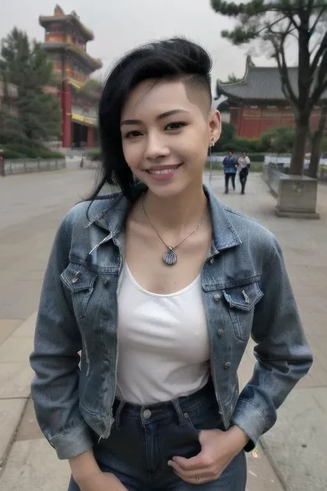 woman, (pose:1.3),
[(chinese:1.4):dark skin:0.7],
slender, huge breasts, (braless:0.8), "covered nipples",
(blouse:1.1), jeans, denim jacket, necklace,
black hair, (hi_top_fade_hairstyle:1.3), long hair,
smile,
outside, park, sidewalk, city,
<lora:hi_top_fade_hairstyle:0.4>
<lora:bralessv2:0.3>