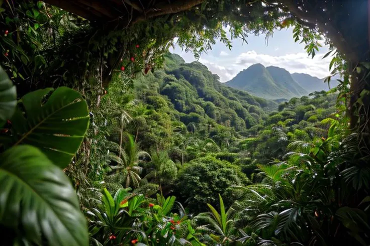 Canon RF85mm f/1.2, masterpiece,best quality,ultra high resolution,cinematic lighting,reflections,HDR,8K resolution, a jungle seen from above, a jungle with amethyst walls