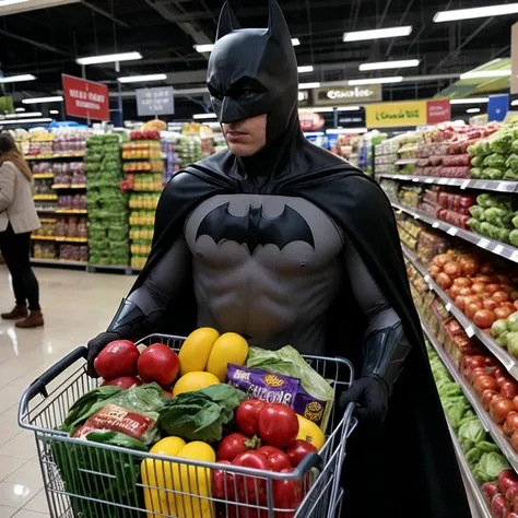 Batman is shopping groceries