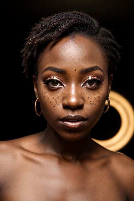 an eye contact of a Ugandan woman, (black skin:1.3), yellow spotlight, dark theme, lonely, Lavish, Matte black eyeshadow with a cut crease, metallic lipstick, golden ratio, Almond-shaped eyes, Freckles, indietronica, soft lighting, bokeh