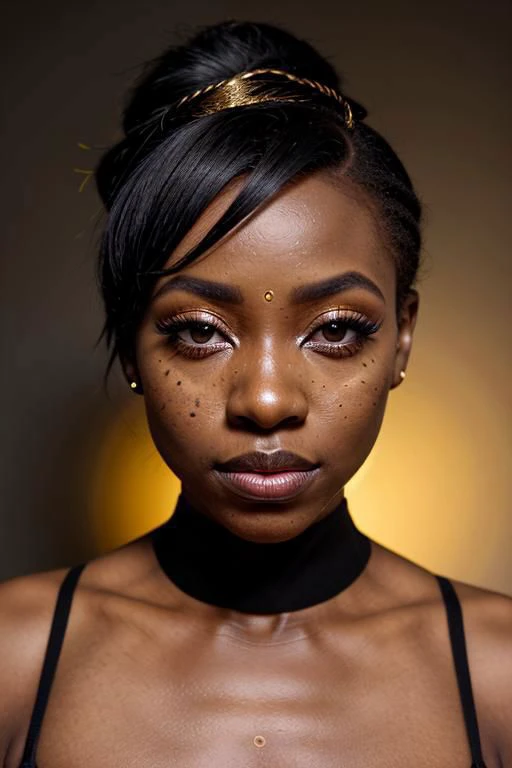 an eye contact of a Ugandan woman, (black skin:1.3), yellow spotlight, dark theme, lonely, Lavish, Matte black eyeshadow with a cut crease, metallic lipstick, golden ratio, Almond-shaped eyes, Freckles, indietronica, soft lighting, bokeh, full body