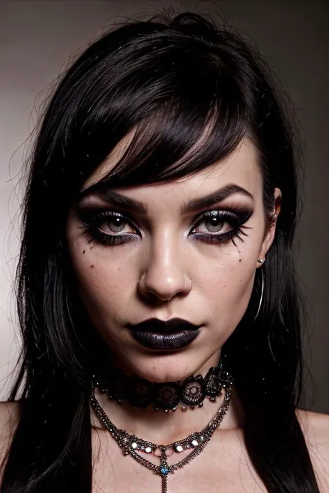 face close up, glamour photography of a random stylish goth girl, edgy vibe, dark, mascara, eyeliner, dark cheeks, Unique facial piercings with ornate jewelry, Round eyes, Dimples, Smoky eye makeup, Defined jawline, skin pores, shiny skin, grainy, harsh flash lighting, sepia tone