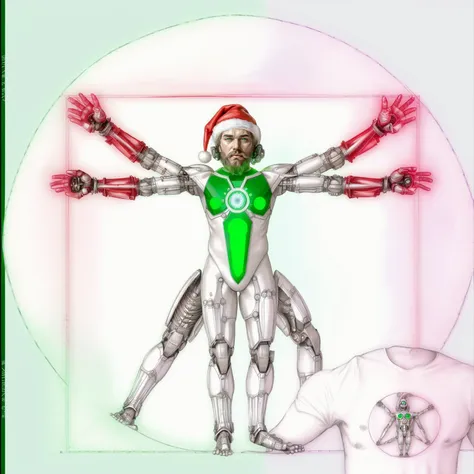 vitruvian2023, santa, cyborg, green glowing eyes, beard, santa hat, parchment, diagram sketch, centered, geometric circle, 4 arms, 4 legs, anatomy diagram, photorealistic <lora:vitruvian2023:1>