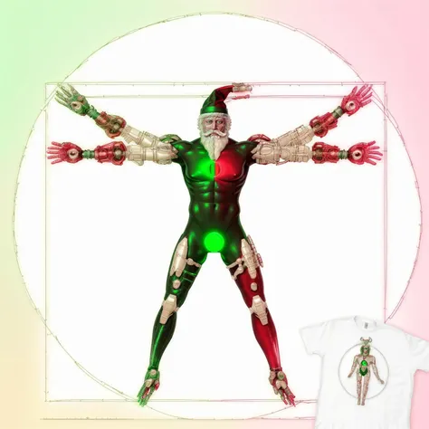 vitruvian2023, santa, cyborg, green glowing eyes, beard, santa hat, parchment, diagram sketch, centered, geometric circle, 4 arms, 4 legs, anatomy diagram, photorealistic <lora:vitruvian2023:1>