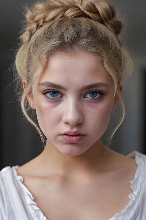 portrait of a feverish blue eyed young greek teen girl, blond messy updo high big messy bun curly bangs, wearing a simple poor crude blue traditional peplos tunic, angry blaming glary eyes, pouty mouth, intense expression, dark smoky room, ancient greek temple, highly detailed skin texture, skin pores, skin fuzz, vellus, intricately detailed, dim light, natural backlighting, refined editorial photography, dramatic LUT