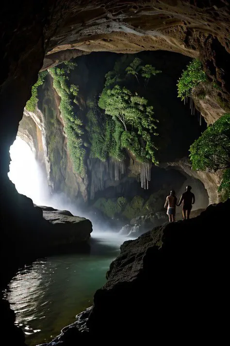 Canon RF85mm f/1.2, masterpiece, excellent quality, very high resolution, cinematic lighting, reflections, HDR, 8K resolution, a group of six people in a cave discussing next to a fire, top view punot, cave behind the waterfall, dim light, night, green jungle visible from behind the waterfall