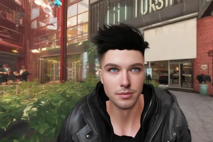 group,male_focus stubble,american heritage, male_focus,manly,sociable, happy facial expression, standing in mall near starbucks, minneapolis, minnesota, 1985, wide shot,rim_lighting, DLSS, FXAA, octane render, unreal engine 5,frost_engine_3,synthwave, 1980s, rtx,econddusk
