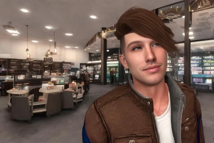 group,male_focus stubble,american heritage, male_focus,manly,sociable, happy facial expression, standing in mall near starbucks, minneapolis, minnesota, 1985, wide shot,rim_lighting, DLSS, FXAA, octane render, unreal engine 5,frost_engine_3,synthwave, 1980s, rtx,econddusk