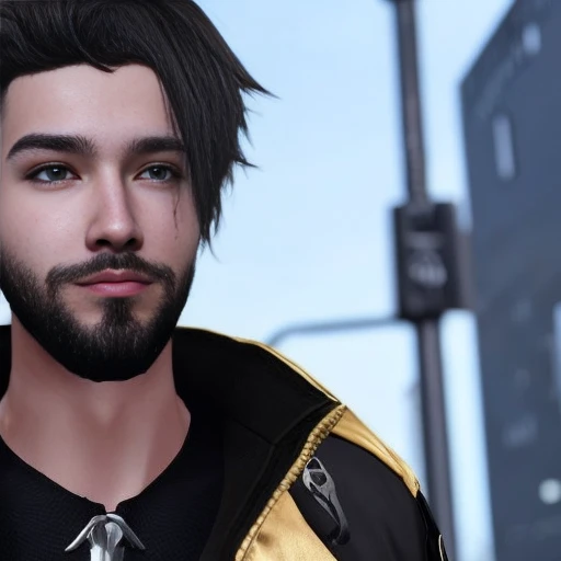 1boy, beard, facial_hair, jacket, looking_at_viewer, male_focus, manly, casual_clothes, solo, stubble, upper_body, cat_ears,vantablack_sequins, golden ratio, perfect eyes ,perfect face, rim_lighting, DLSS, FXAA, celtic elements, seconddusk
