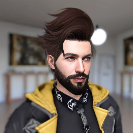 1boy, beard, facial_hair, jacket, looking_at_viewer, male_focus, manly, casual_clothes, solo, stubble, upper_body, cat_ears,vantablack_sequins, golden ratio, perfect eyes ,perfect face, rim_lighting, DLSS, FXAA, celtic elements, seconddusk